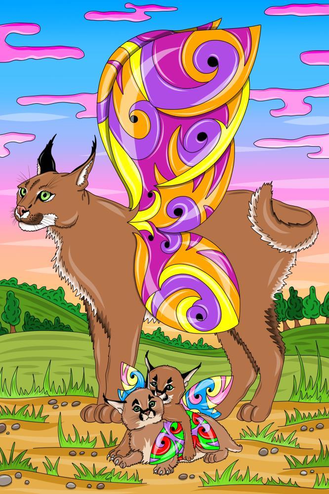 Caracal and kittens with butterfly wings
